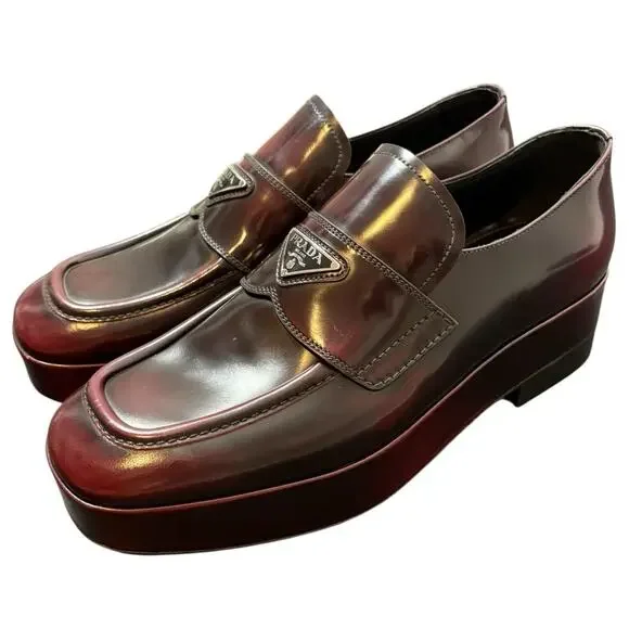 Prada Leather Platform Loafers Luxury Designer Italy Made Red Brown Men's Size 9 - Picture 2 of 9